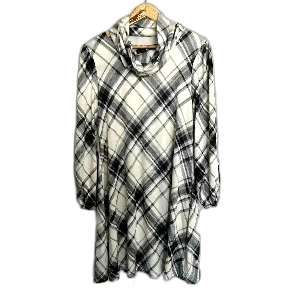 Chetta B Plaid Flannel Trapeze Dress Black & Cream Removable Cowl Size Med - Picture 12 of 16